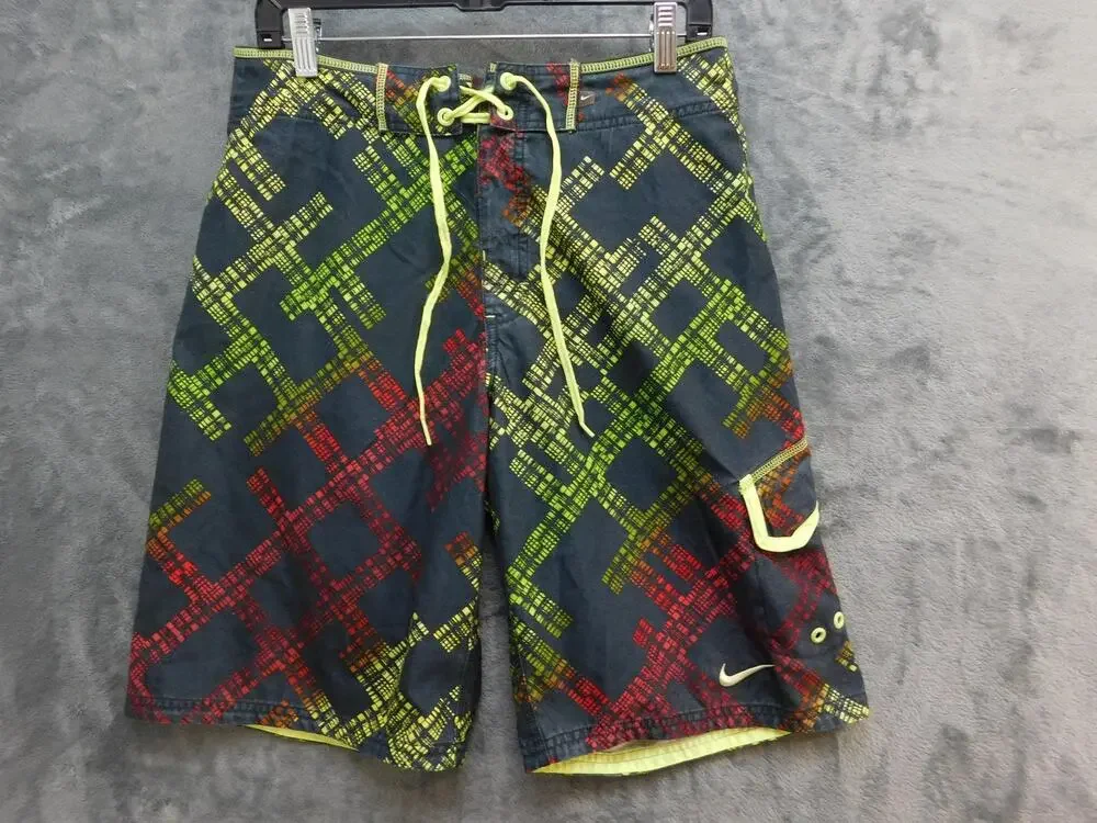 Nike Board Shorts Mens 30 Black Multicolor Swim Trunks Lace Up Pocket Surf Logo
